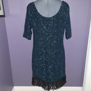 Teal Sparkle Dress with fringe hem